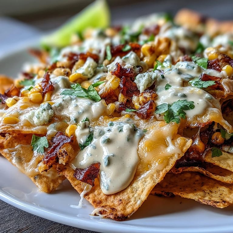 Crispy baked elote nachos piled high, ready for a festive fiesta topping off.