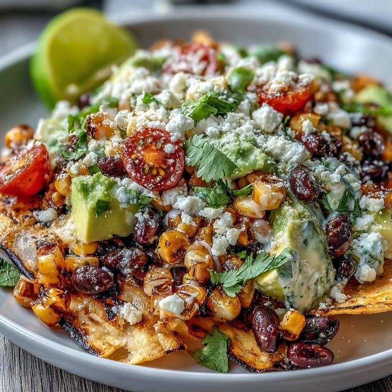 Hearty black bean taco salad topped with juicy grilled corn and crunchy tortilla chips.