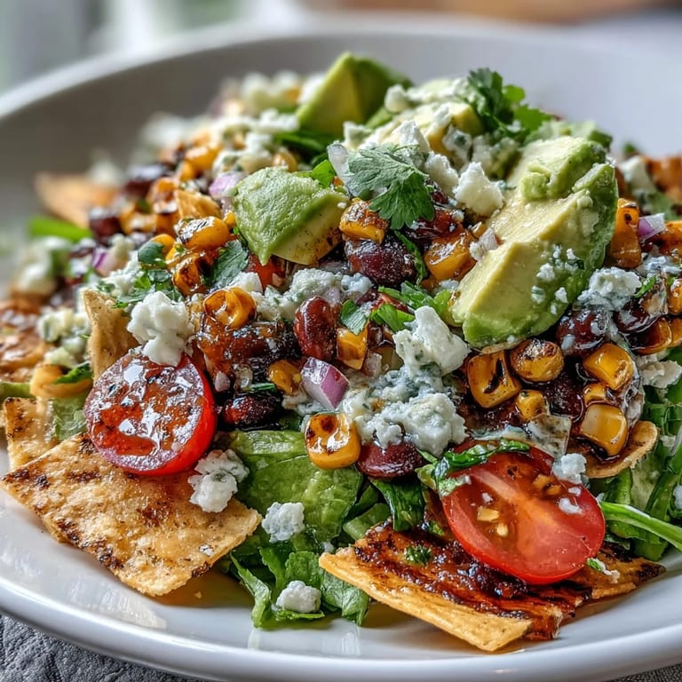 Freshly made taco salad bursting with colorful veggies, beans, and zesty dressing.