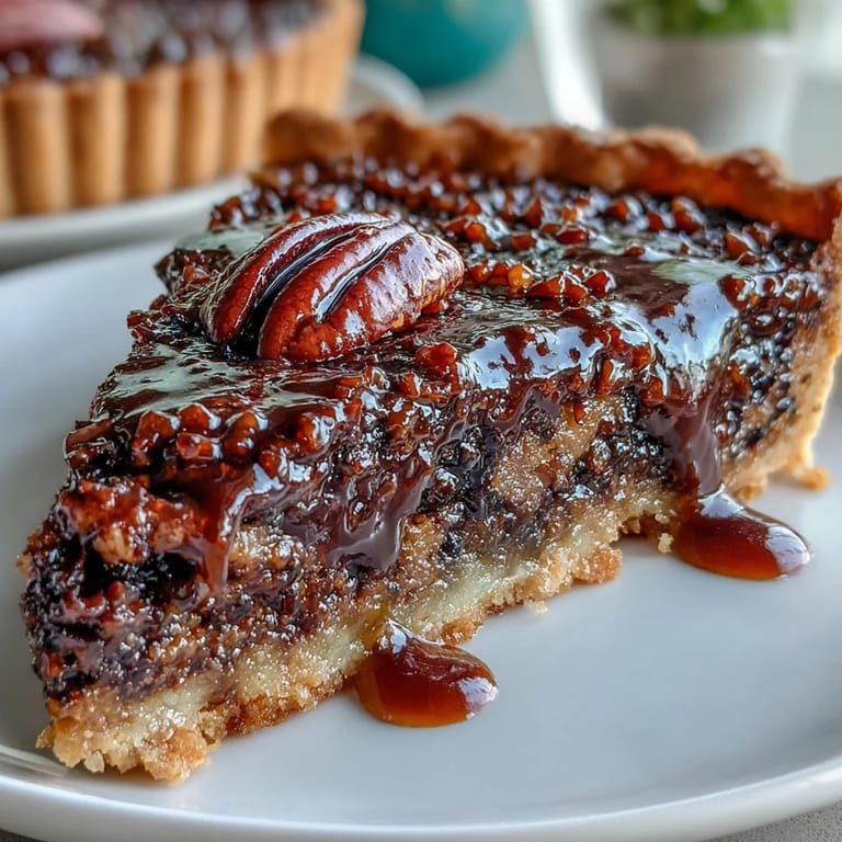 Gooey chocolate bourbon pecan tart glistening, perfectly baked for dessert.