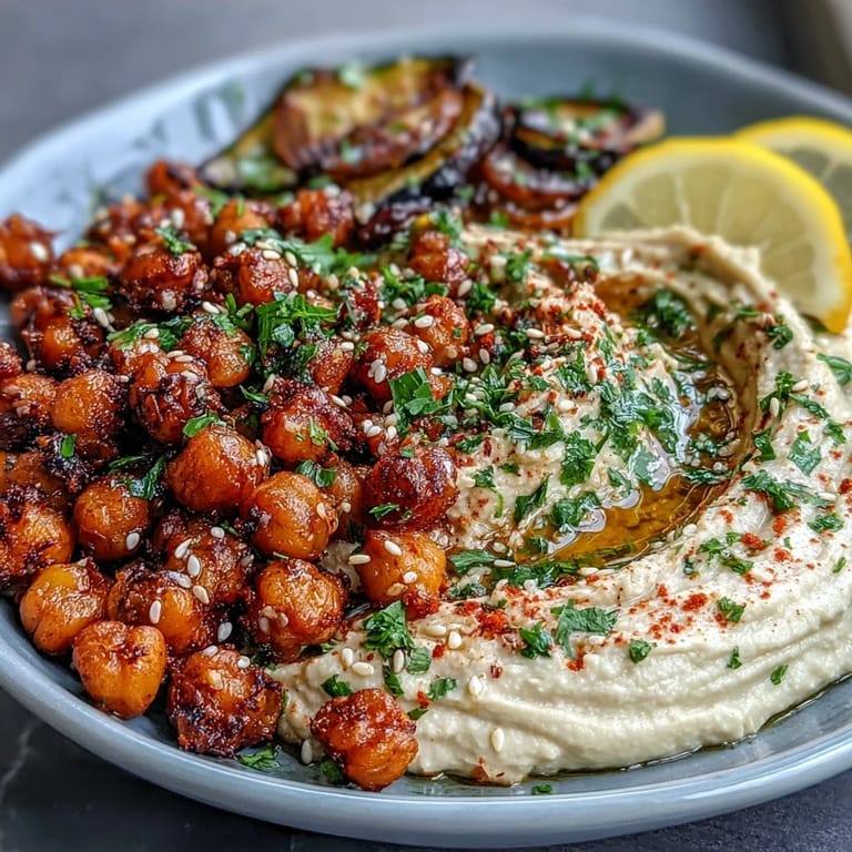 A nourishing bowl of Crispy Chickpea Bowls topped with sesame seeds, fresh parsley, and lemon wedges for extra zest.