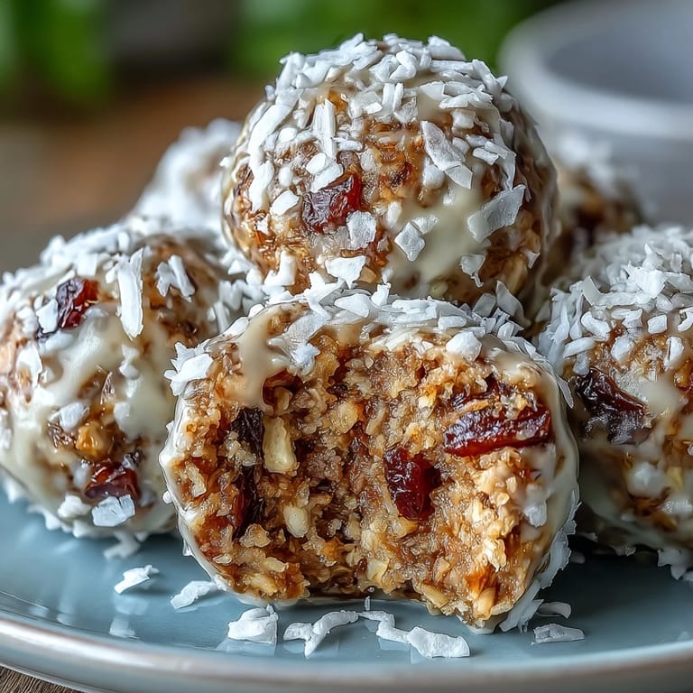 Vegan carrot cake bliss balls with coconut, raisins, and walnuts, rolled into bite-sized energy treats.