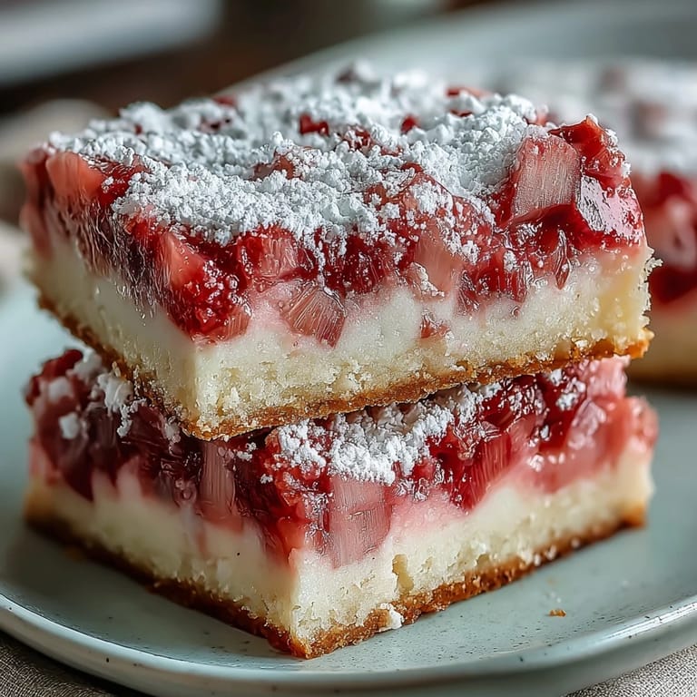 Delicious Rhubarb Custard Bars, a sweet and tart treat ready for serving.