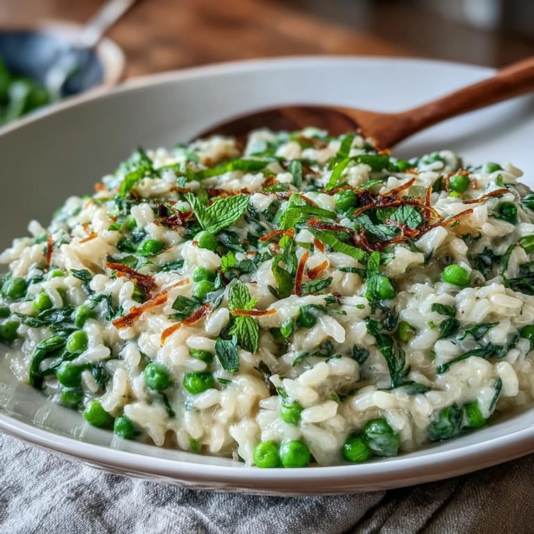 Velvety risotto with spring peas, lemon zest, and mint, showcasing vibrant colors and rich Italian flavors in every bite.