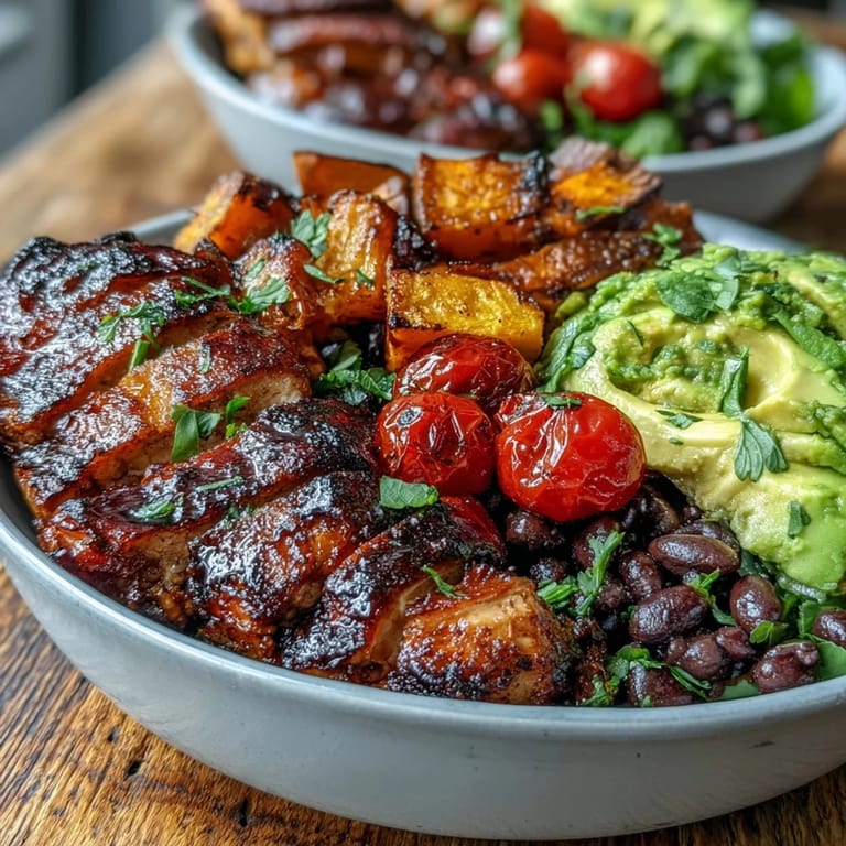 Healthy BBQ chicken meal prep bowls ready with sweet potato and fresh toppings.