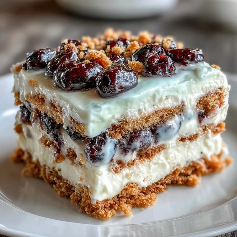 Dewy Lemon Blueberry Icebox Cake, a chilled delight, showcasing vibrant fruit layers and cream.