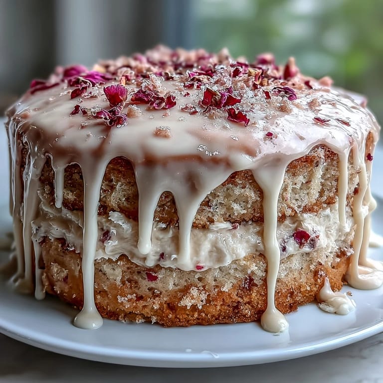 Moist Rosé Velvet Cake with creamy frosting and shimmering gold details.