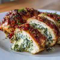 Delicious spinach and feta stuffed chicken breasts with a creamy herb filling, baked until golden and juicy for a Mediterranean-inspired main dish.