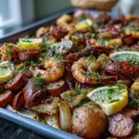 Vibrant sheet pan dinner with crawfish, sausage, potatoes, and corn, seasoned with Cajun spices and roasted to perfection.