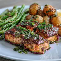 Vibrant sheet pan dinner with flaky salmon, tender potatoes, and crisp green beans, roasted with lemon and herbs for a healthy, flavorful meal.
