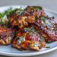 Herb-marinated chicken thighs and colorful roasted root vegetables on a sheet pan, golden and fragrant.  