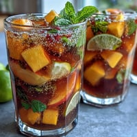 Vibrant mango peach sangria with citrus slices and fresh mint, served over ice in a clear pitcher for summer gatherings.