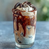 Cookies and Cream Cold Brew with whipped cream and crushed chocolate cookies in two tall glasses.
