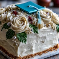 Festive graduation sheet cake with buttercream roses and edible diploma, perfect for celebrating achievements.