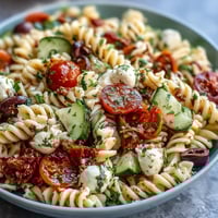 Easy Summer Pasta Salad with Italian Dressing: colorful pasta salad with cherry tomatoes, cucumber, and mozzarella in zesty Italian dressing.