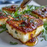 Golden, pan-seared halloumi cheese drizzled with spicy honey, served over fresh arugula with lemon wedges.