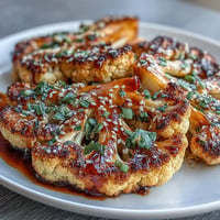Thick, golden cauliflower steaks glazed with rich teriyaki sauce, served with sesame seeds and scallions for a savory vegetarian main.  