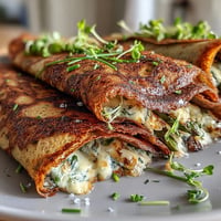Savory buckwheat crepes filled with creamy herbed cheese and fresh spring vegetables.