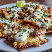 Golden roasted corn nachos topped with cotija and smoky chipotle crema.
